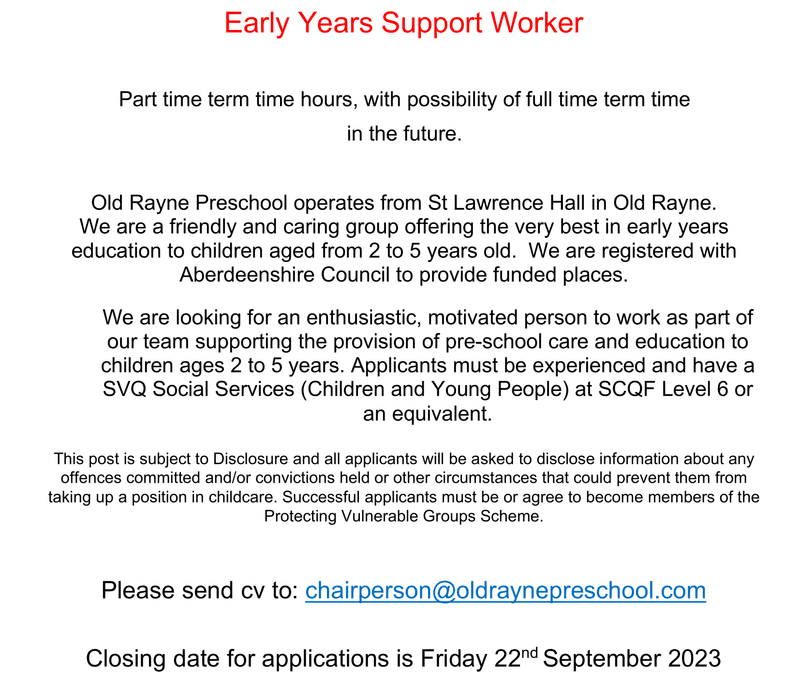 We are hiring! Early Years Support Worker