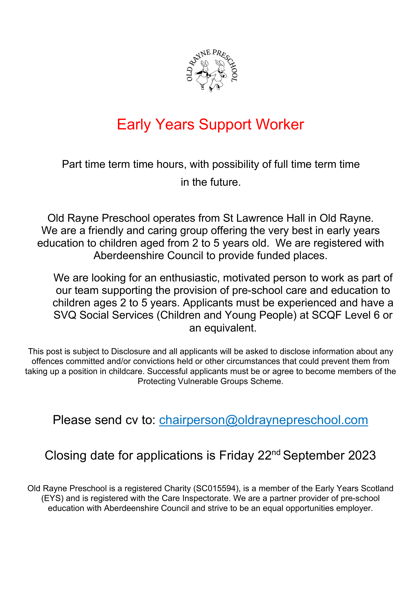 We are hiring! Early Years Support Worker Old Rayne Preschool